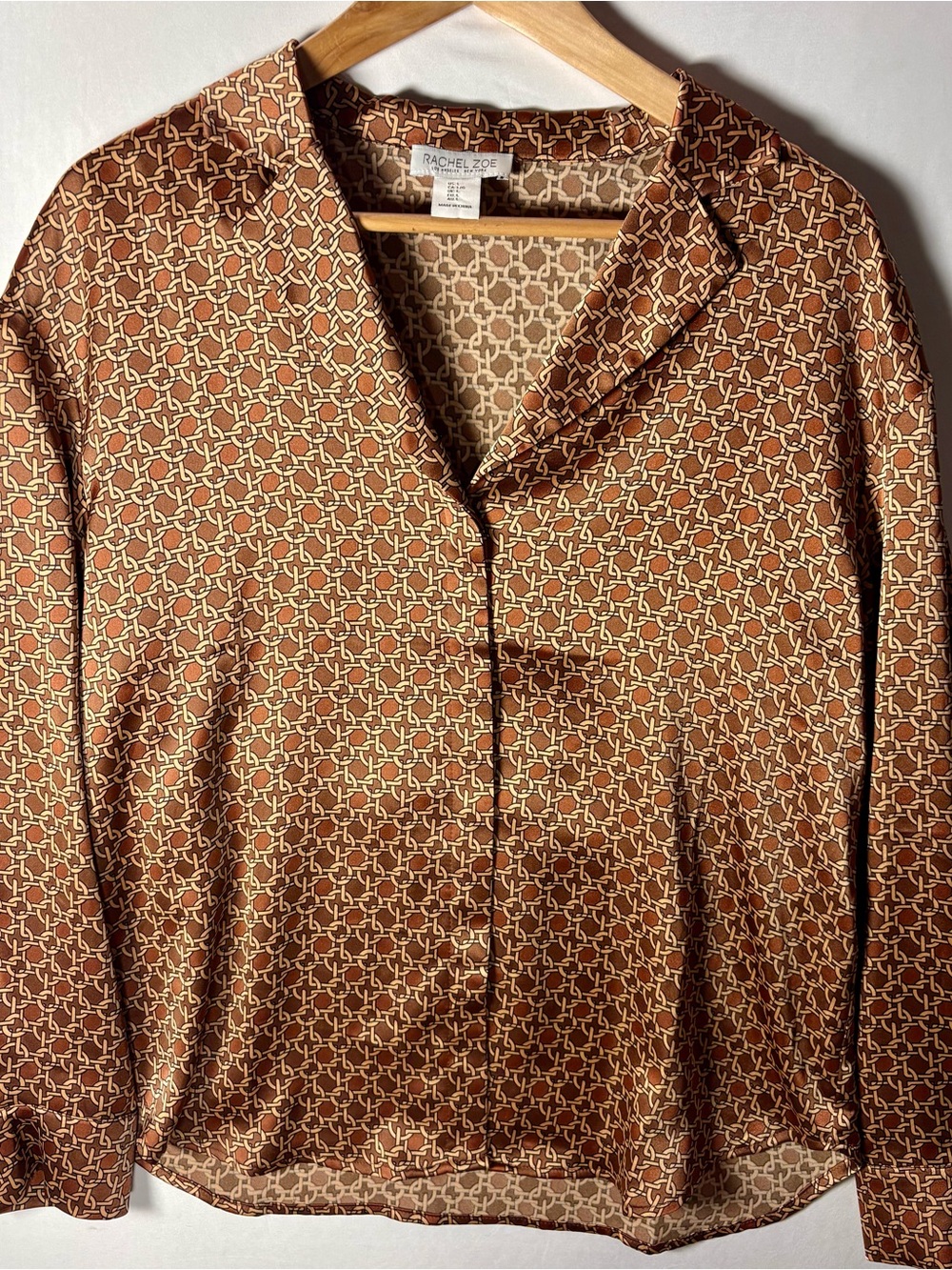 Rachel Zoe Gold Women’s Geometric Chain Design Button-Down Blouse Top Size L